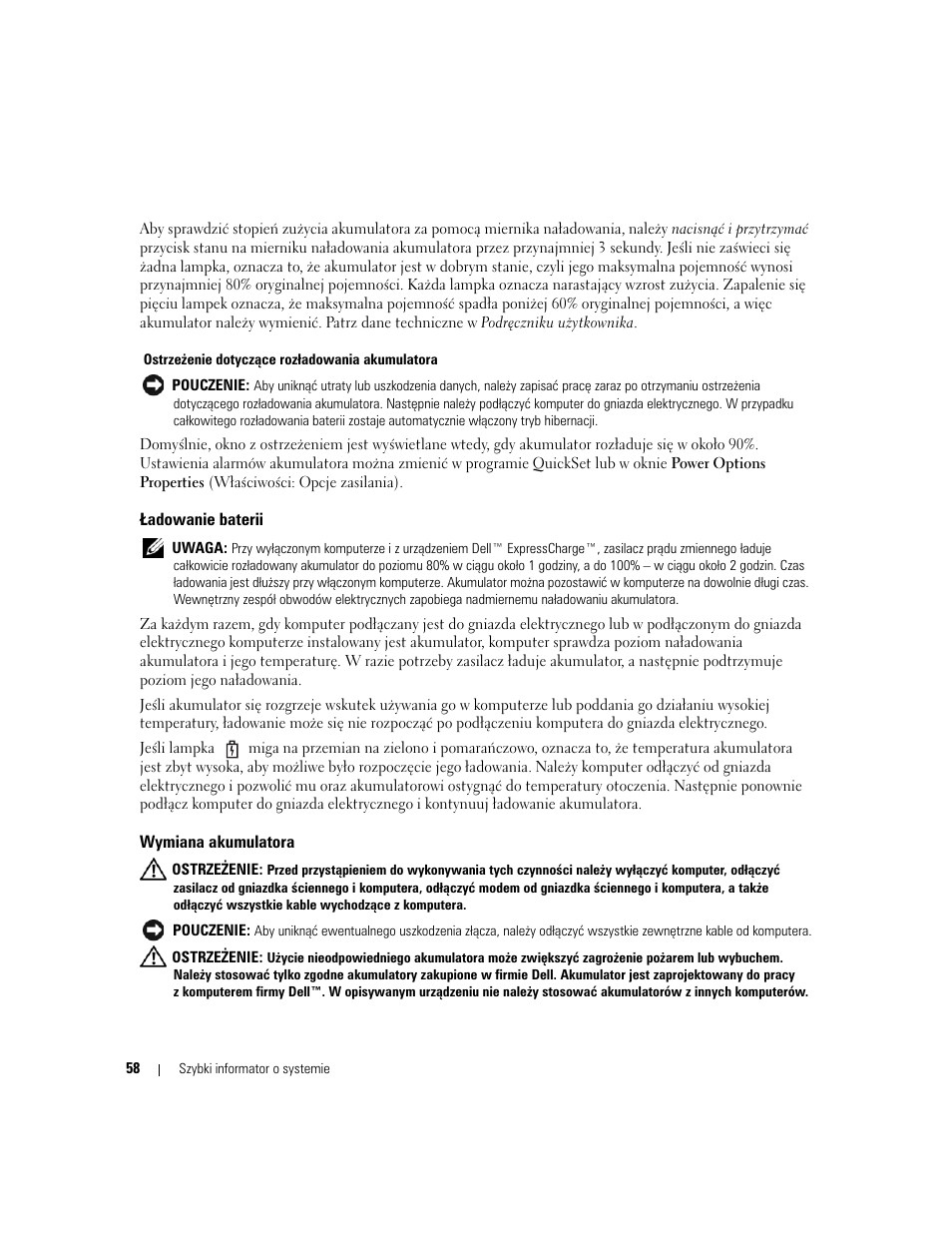 Ładowanie baterii, Wymiana akumulatora | Dell Precision M65 User Manual | Page 58 / 90