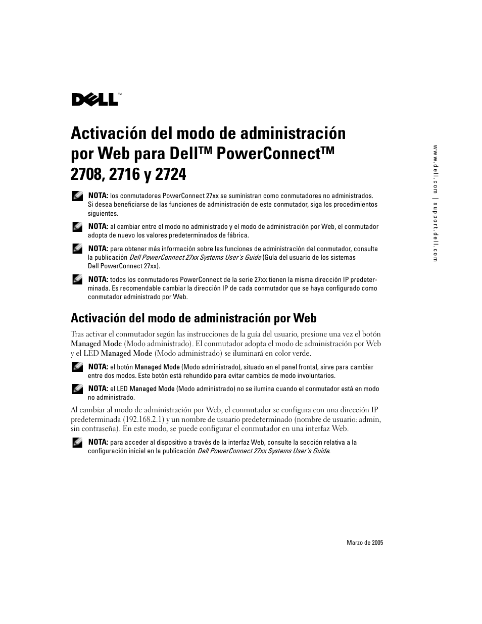 Powerconnect, Activación del modo de administración por web | Dell PowerConnect 2748 User Manual | Page 11 / 12