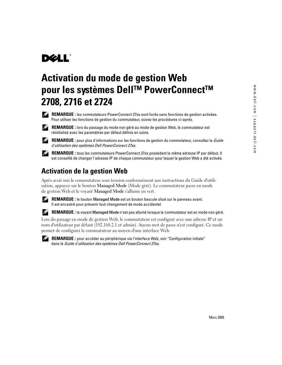 Powerconnect, Activation de la gestion web | Dell PowerConnect 2748 User Manual | Page 5 / 12