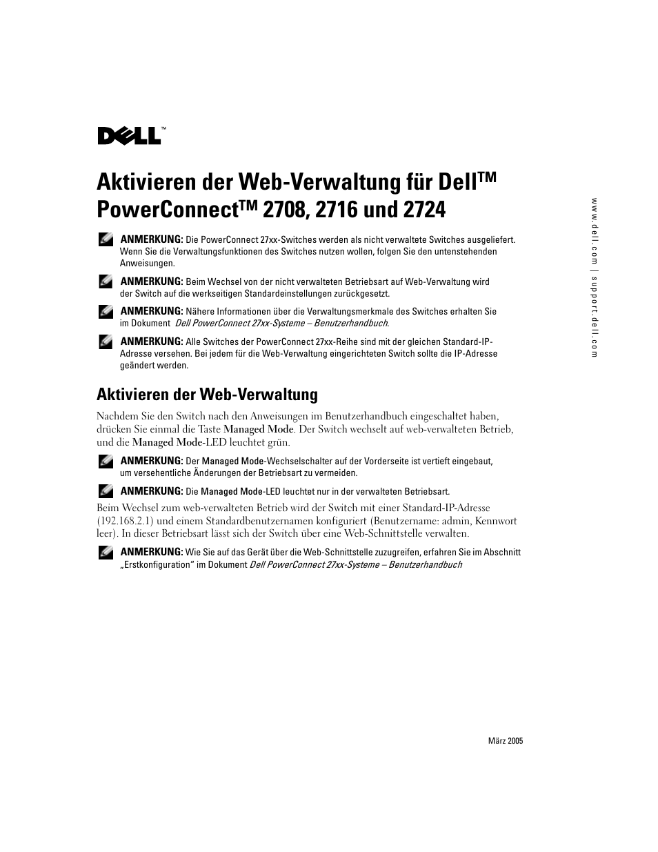 Aktivieren der web-verwaltung für dell, Powerconnect, Aktivieren der web-verwaltung | Dell PowerConnect 2748 User Manual | Page 7 / 12