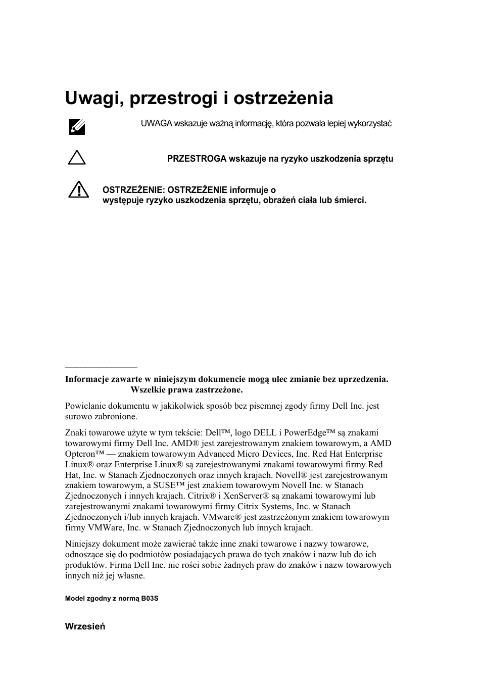 Uwagi, przestrogi i ostrzeżenia | Dell POWEREDGE C6105 User Manual | Page 74 / 132