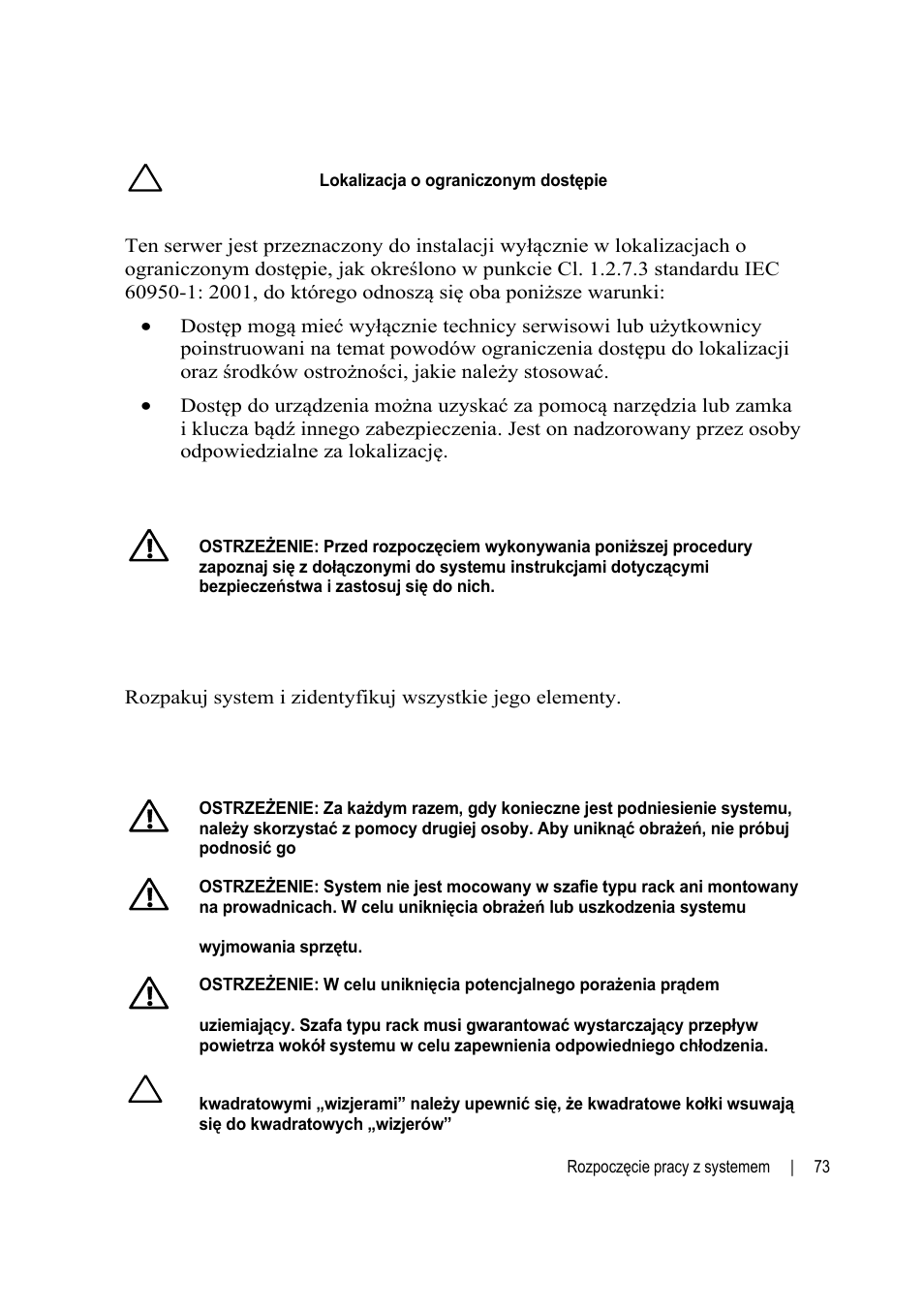 Instalacja i konfiguracja, Instalowanie prowadnicy tool-less rail, Rozpakowanie systemu | Dell POWEREDGE C6105 User Manual | Page 75 / 132