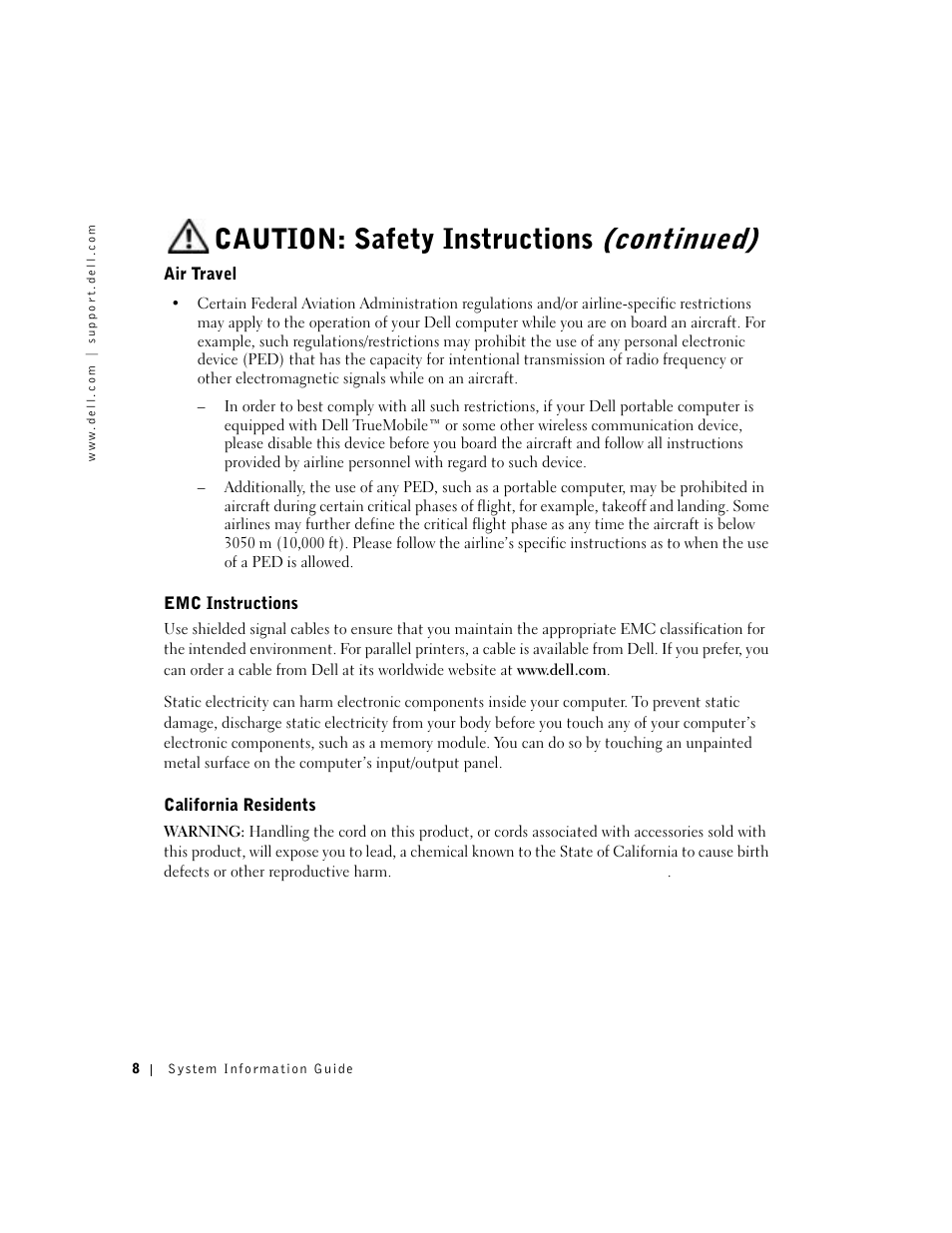 Air travel, Emc instructions, California residents | Caution: safety instructions (continued) | Dell Latitude D800 User Manual | Page 10 / 330