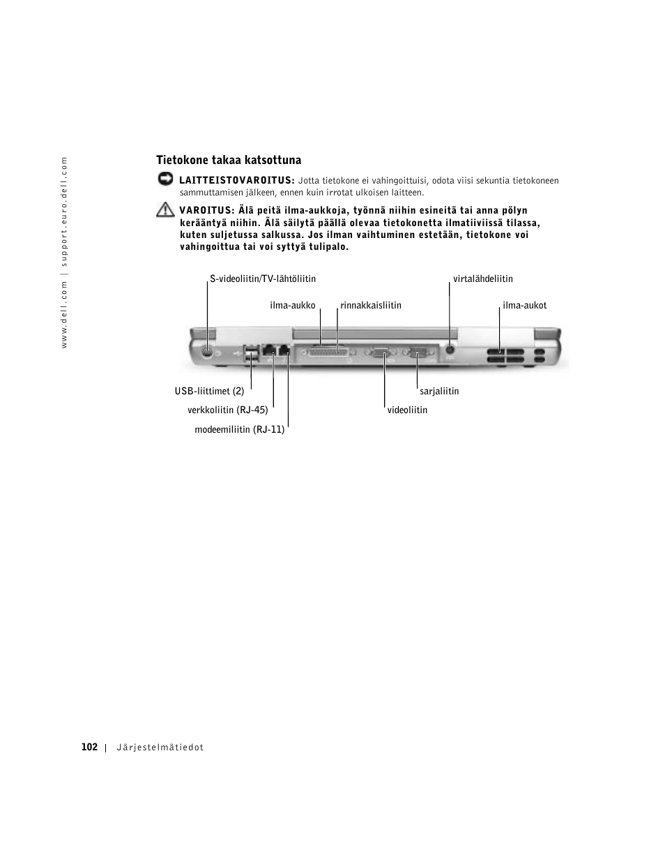 Tietokone takaa katsottuna | Dell Latitude D800 User Manual | Page 104 / 330