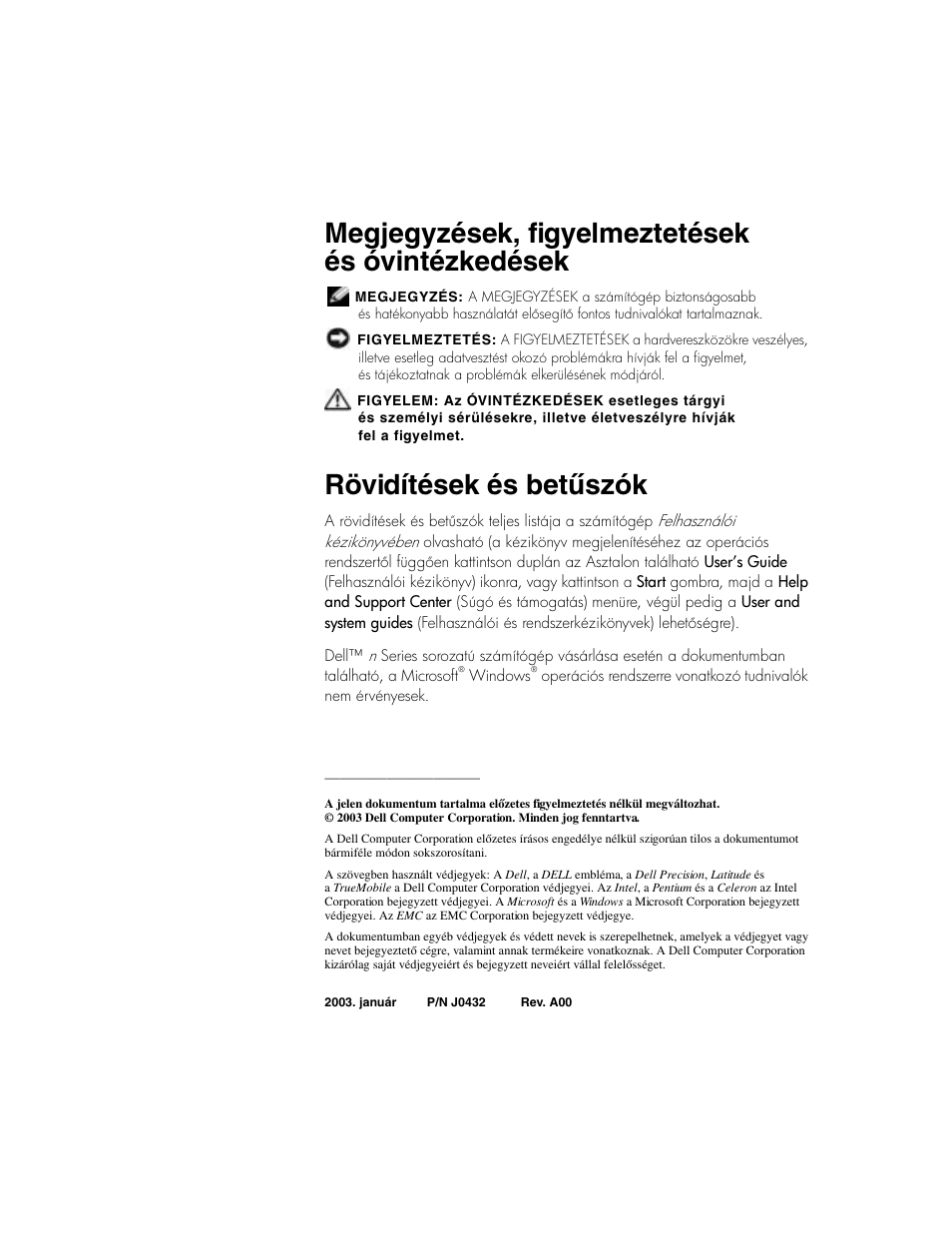 Megjegyzések, figyelmeztetések és óvintézkedések, Rövidítések és betűszók | Dell Latitude D800 User Manual | Page 114 / 330