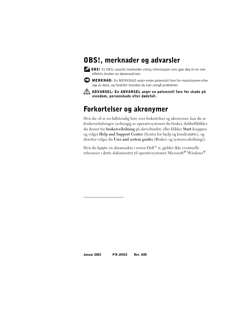 Obs!, merknader og advarsler, Forkortelser og akronymer | Dell Latitude D800 User Manual | Page 142 / 330