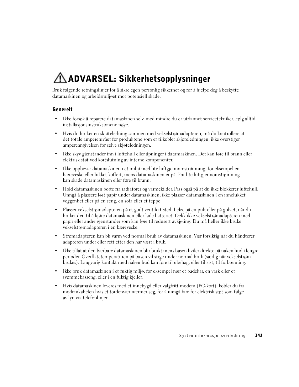 Advarsel: sikkerhetsopplysninger, Generelt | Dell Latitude D800 User Manual | Page 145 / 330