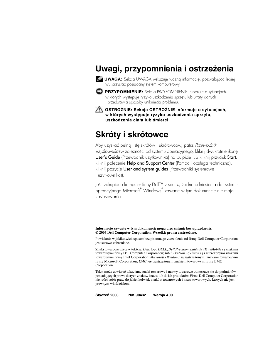 Uwagi, przypomnienia i ostrzeżenia, Skróty i skrótowce | Dell Latitude D800 User Manual | Page 168 / 330