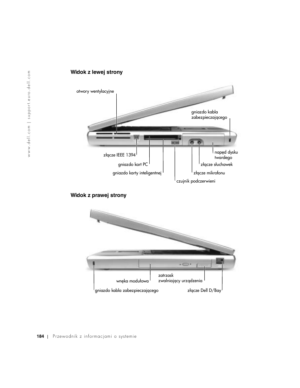 Widok z lewej strony, Widok z prawej strony, Widok z lewej strony widok z prawej strony | Dell Latitude D800 User Manual | Page 186 / 330