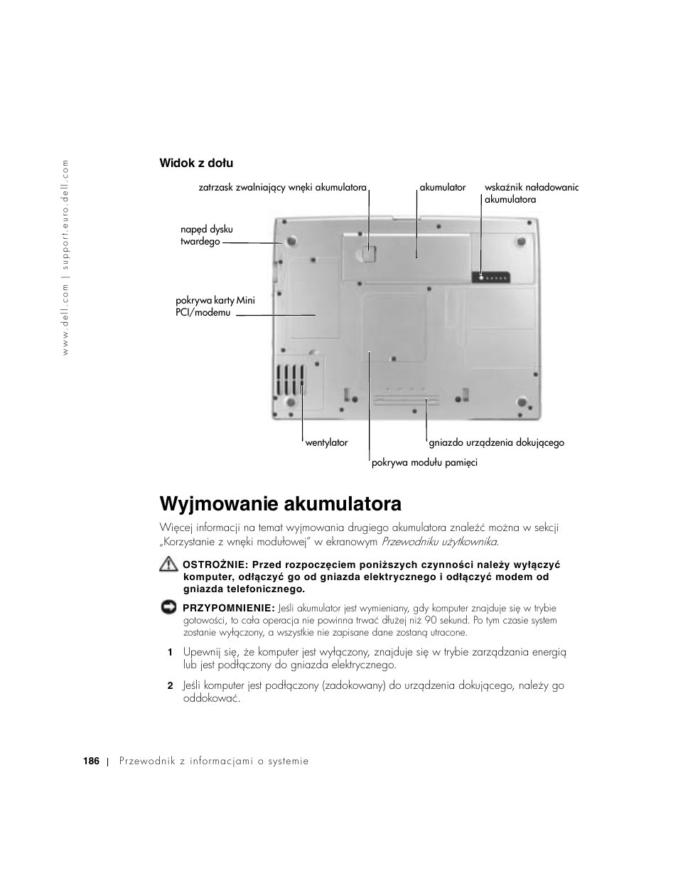 Widok z dołu, Wyjmowanie akumulatora | Dell Latitude D800 User Manual | Page 188 / 330
