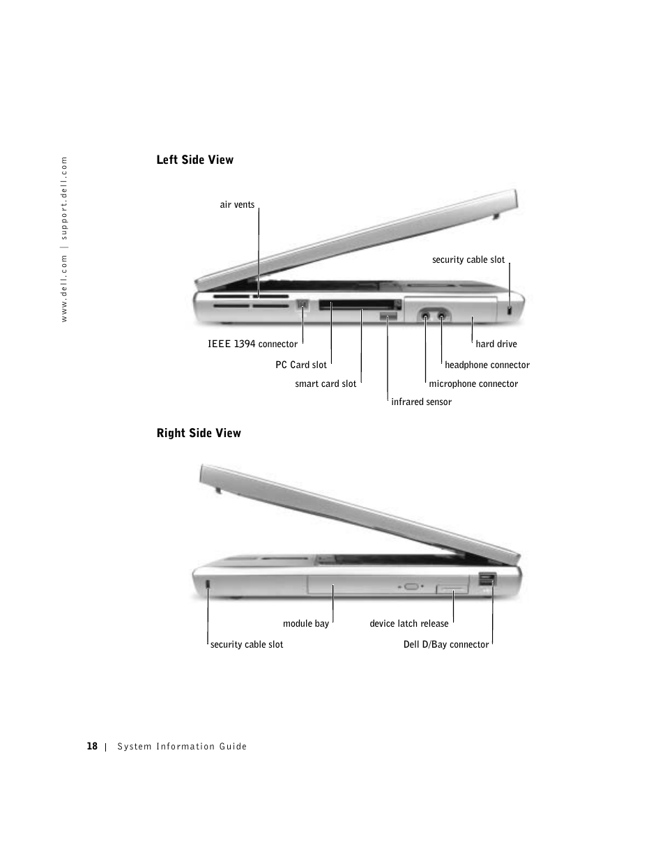 Left side view, Right side view | Dell Latitude D800 User Manual | Page 20 / 330