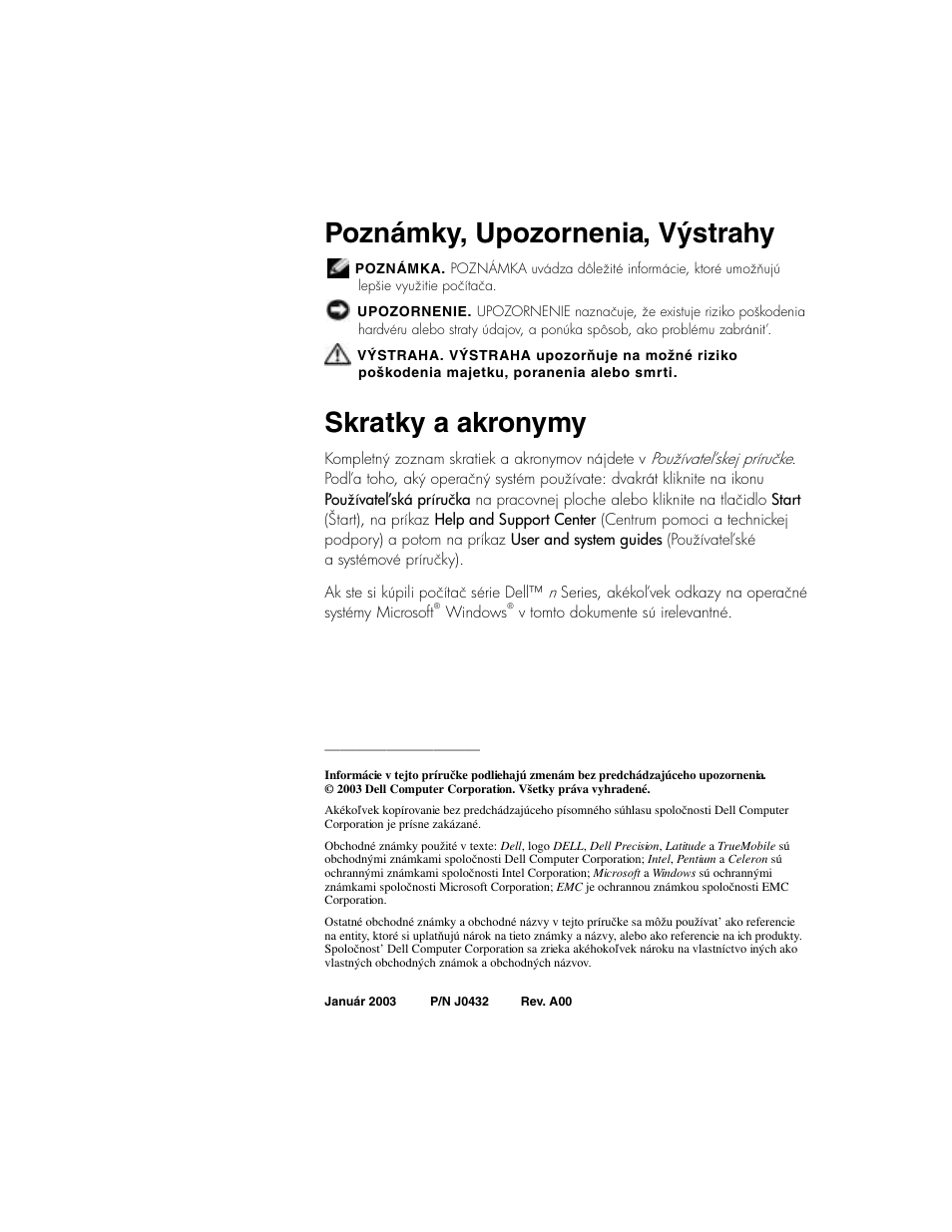 Poznámky, upozornenia, výstrahy, Skratky a akronymy | Dell Latitude D800 User Manual | Page 226 / 330