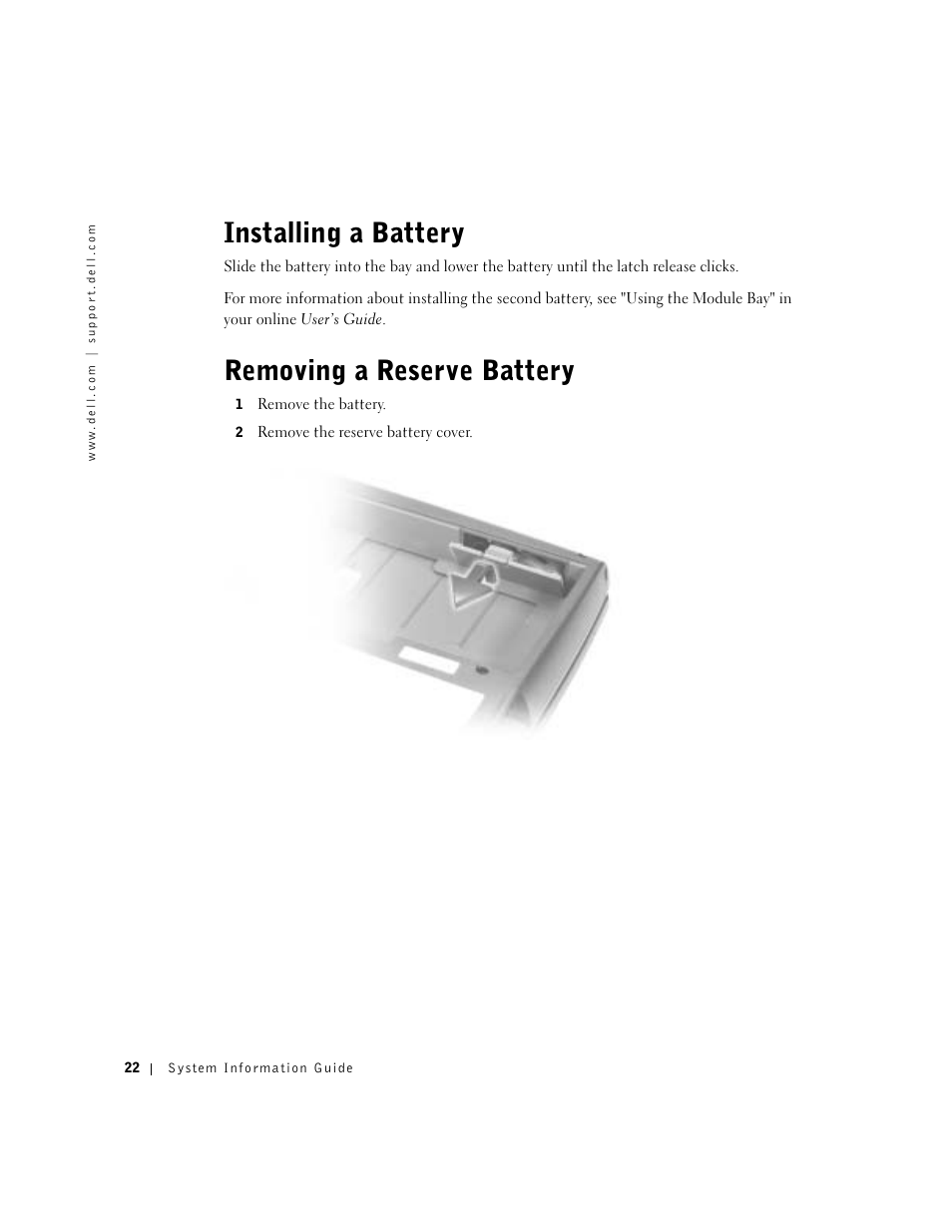 Installing a battery, Removing a reserve battery | Dell Latitude D800 User Manual | Page 24 / 330