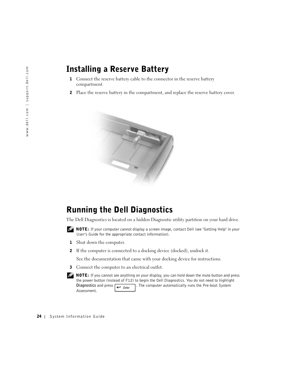 Installing a reserve battery, Running the dell diagnostics | Dell Latitude D800 User Manual | Page 26 / 330