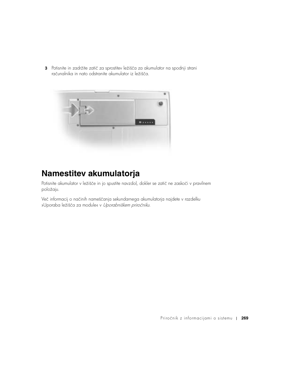 Namestitev akumulatorja | Dell Latitude D800 User Manual | Page 271 / 330