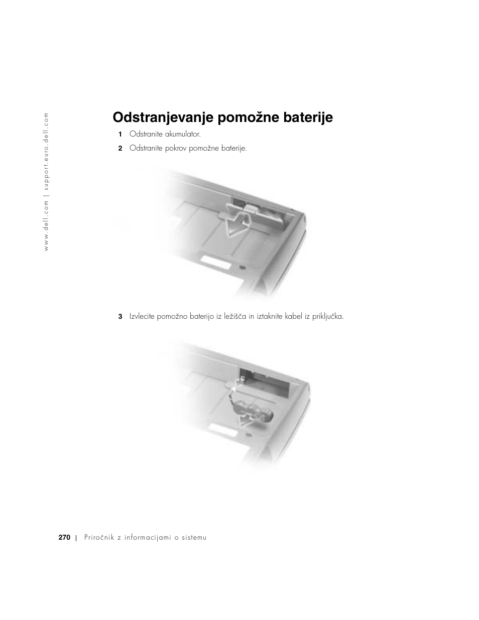 Odstranjevanje pomožne baterije | Dell Latitude D800 User Manual | Page 272 / 330