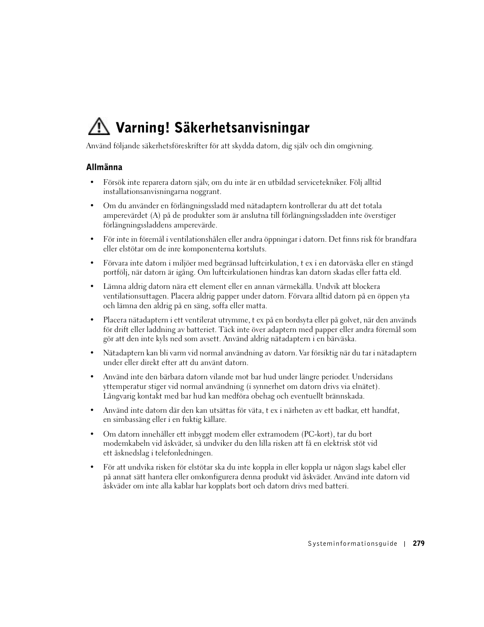 Varning! säkerhetsanvisningar, Allmänna | Dell Latitude D800 User Manual | Page 281 / 330