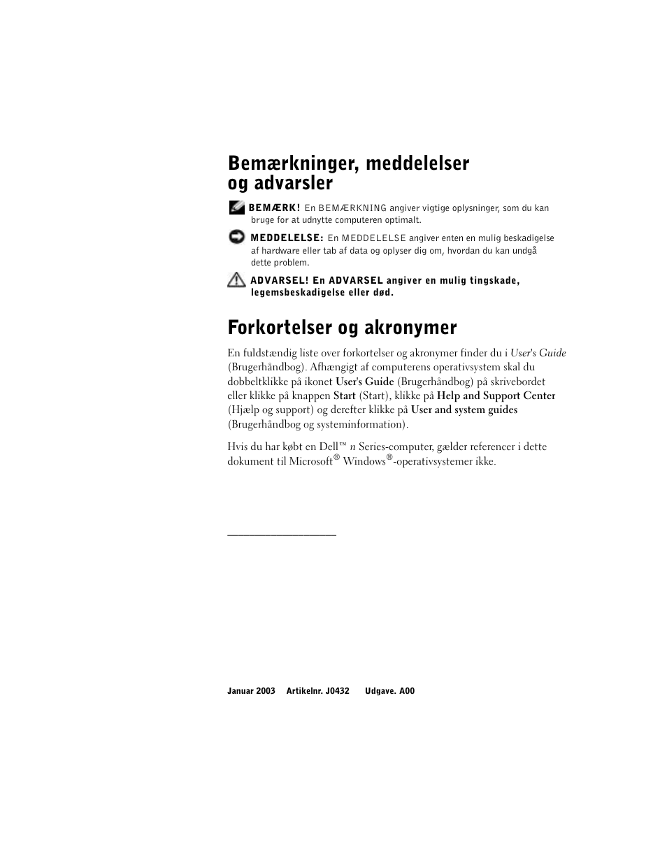 Bemærkninger, meddelelser og advarsler, Forkortelser og akronymer | Dell Latitude D800 User Manual | Page 58 / 330