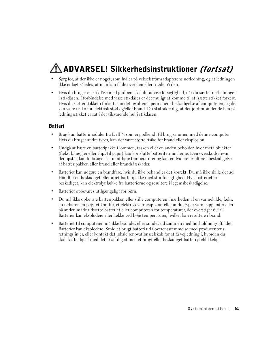 Batteri, Advarsel! sikkerhedsinstruktioner (fortsat) | Dell Latitude D800 User Manual | Page 63 / 330