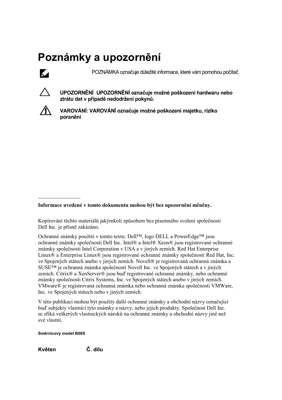 Poznámky a upozornění, Směrnicový model b08s | Dell PowerEdge C6220 II User Manual | Page 18 / 150