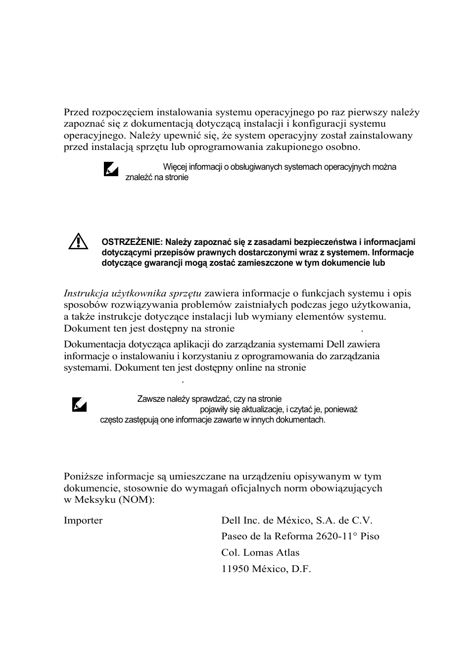 Konfiguracja systemu operacyjnego, Inne przydatne informacje, Informacja nom (meksyk) | Dell PowerEdge C6220 II User Manual | Page 85 / 150