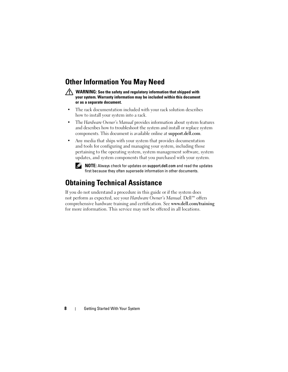 Other information you may need, Obtaining technical assistance | Dell PowerEdge R410 User Manual | Page 10 / 122