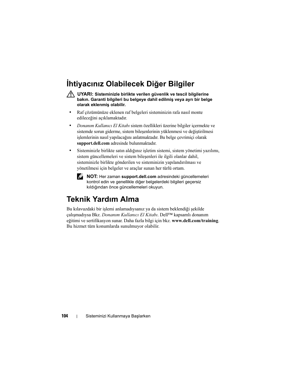 Ihtiyacınız olabilecek diğer bilgiler, Teknik yardım alma | Dell PowerEdge R410 User Manual | Page 106 / 122