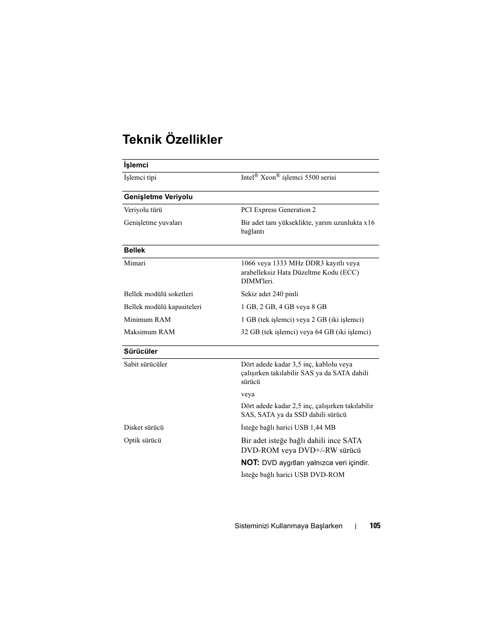 Teknik özellikler | Dell PowerEdge R410 User Manual | Page 107 / 122