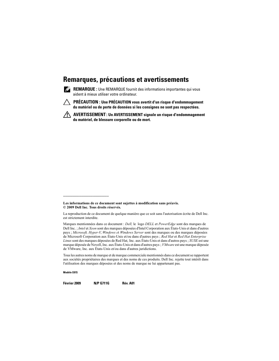Remarques, précautions et avertissements | Dell PowerEdge R410 User Manual | Page 28 / 122