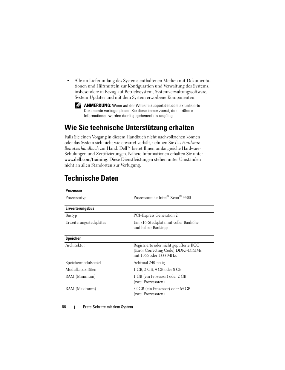 Wie sie technische unterstützung erhalten, Technische daten | Dell PowerEdge R410 User Manual | Page 46 / 122