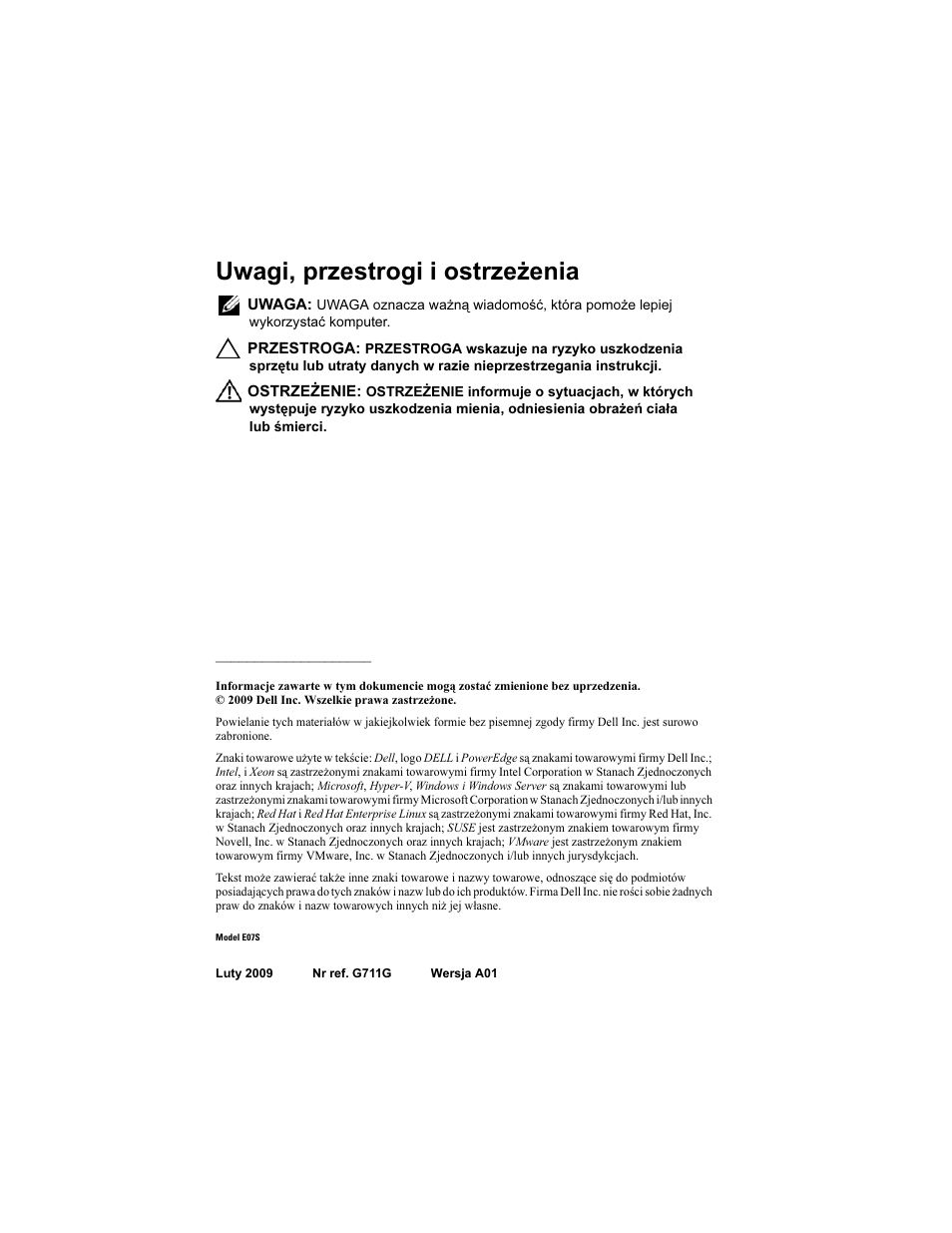 Uwagi, przestrogi i ostrzeżenia | Dell PowerEdge R410 User Manual | Page 64 / 122
