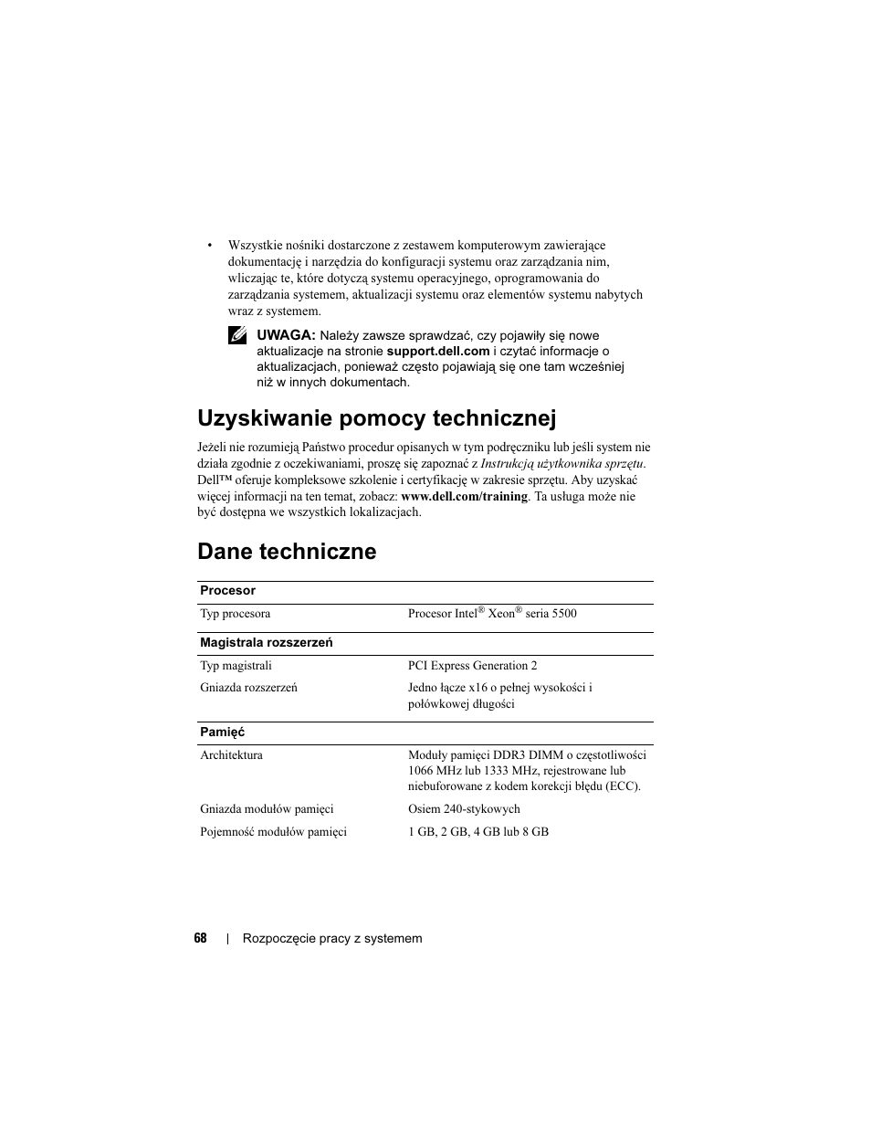 Uzyskiwanie pomocy technicznej, Dane techniczne | Dell PowerEdge R410 User Manual | Page 70 / 122