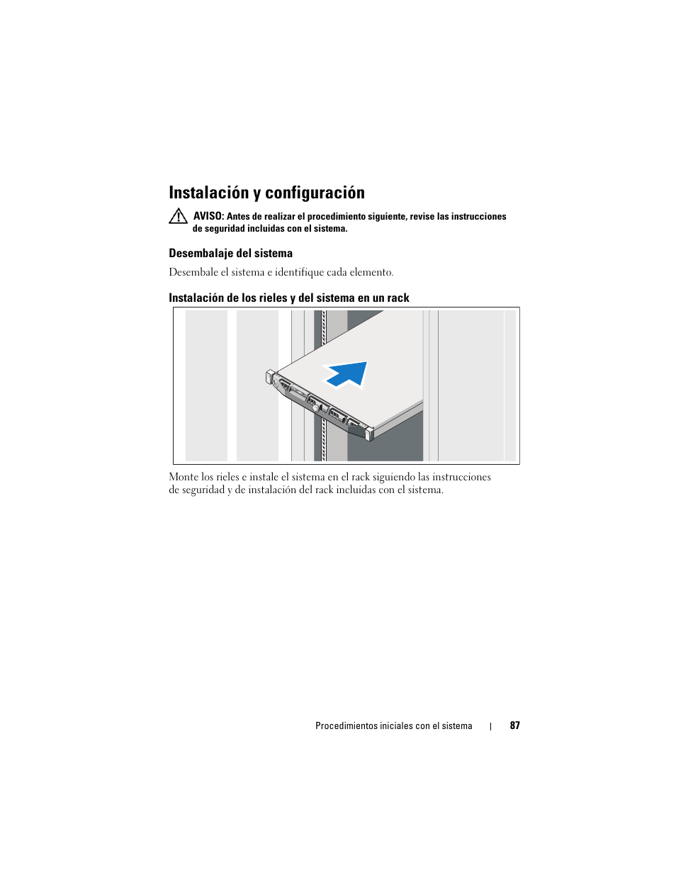Instalación y configuración, Desembalaje del sistema, Instalación de los rieles y del sistema en un rack | Dell PowerEdge R410 User Manual | Page 89 / 122