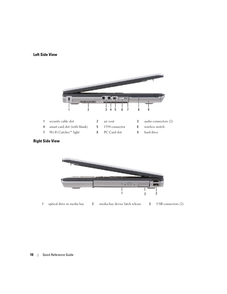 Left side view, Right side view | Dell Latitude D631 User Manual | Page 10 / 182