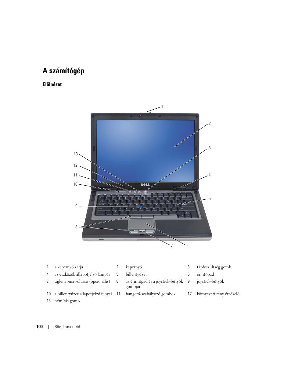 A számítógép, Elölnézet | Dell Latitude D631 User Manual | Page 100 / 182