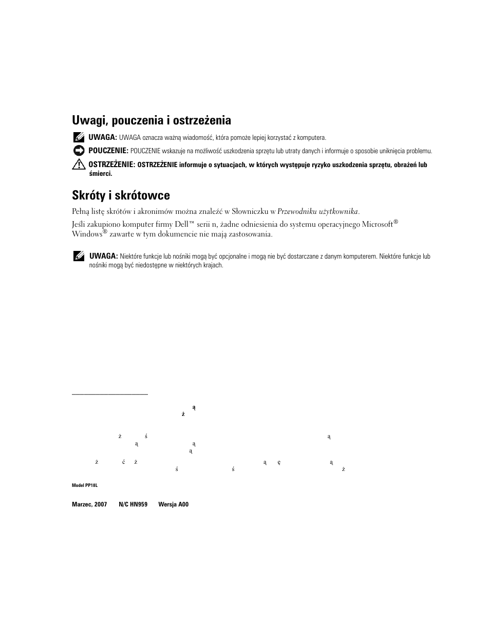 Uwagi, pouczenia i ostrzeżenia, Skróty i skrótowce | Dell Latitude D631 User Manual | Page 116 / 182