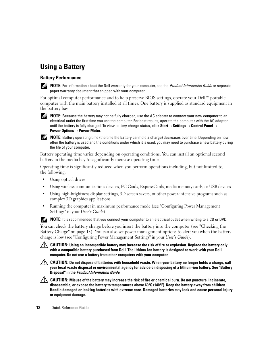 Using a battery, Battery performance | Dell Latitude D631 User Manual | Page 12 / 182