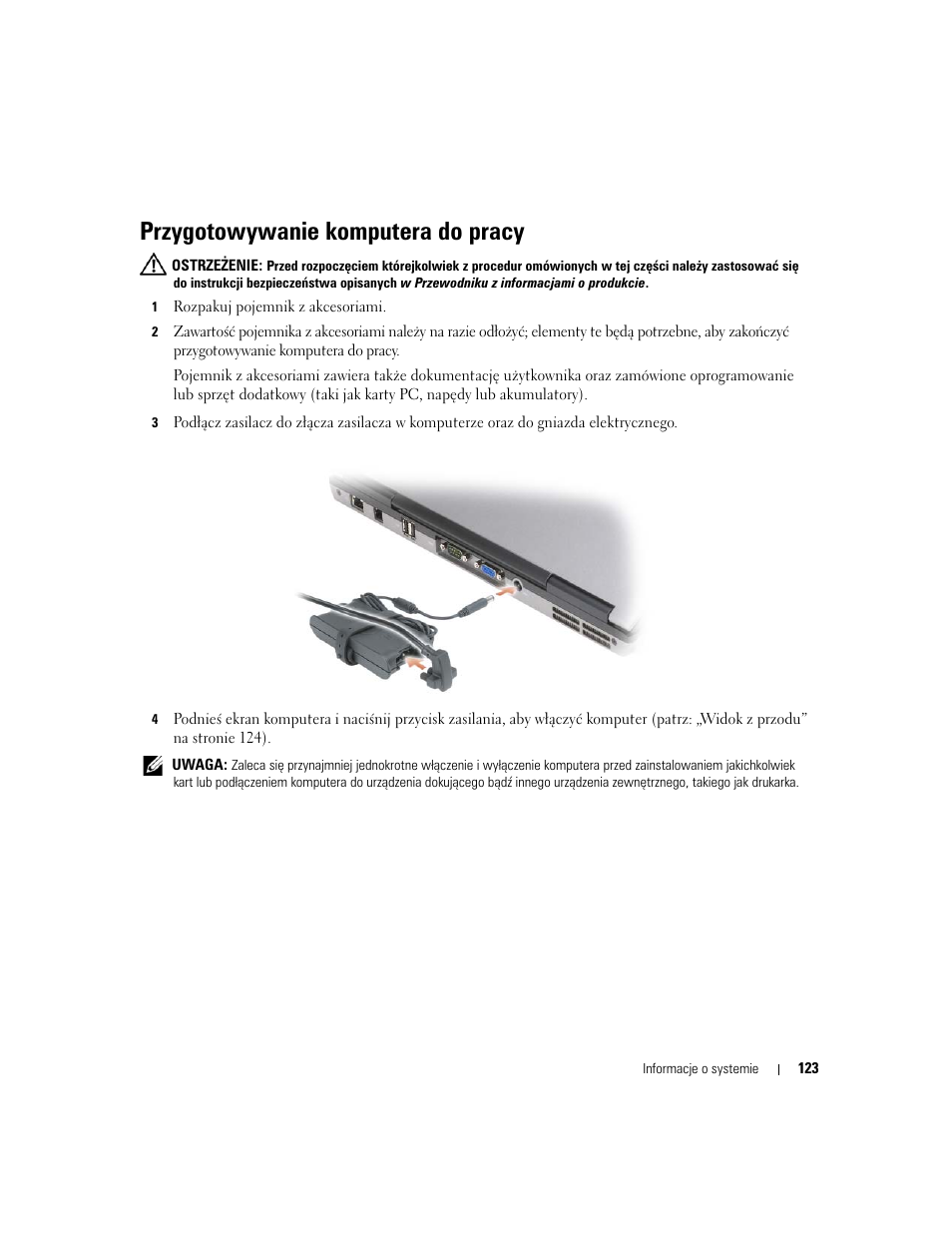 Przygotowywanie komputera do pracy | Dell Latitude D631 User Manual | Page 123 / 182