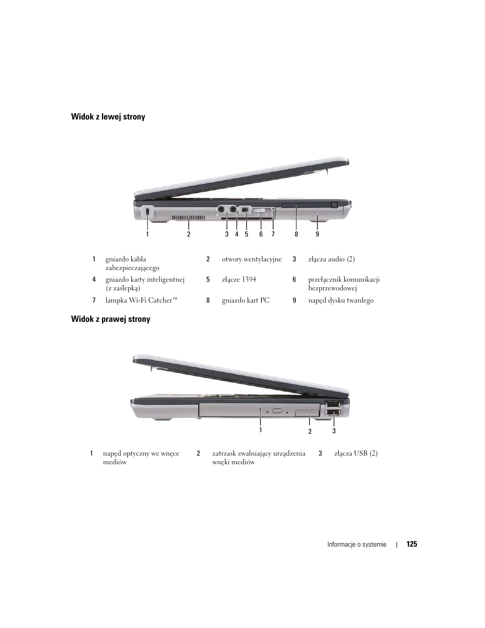 Widok z lewej strony, Widok z prawej strony | Dell Latitude D631 User Manual | Page 125 / 182