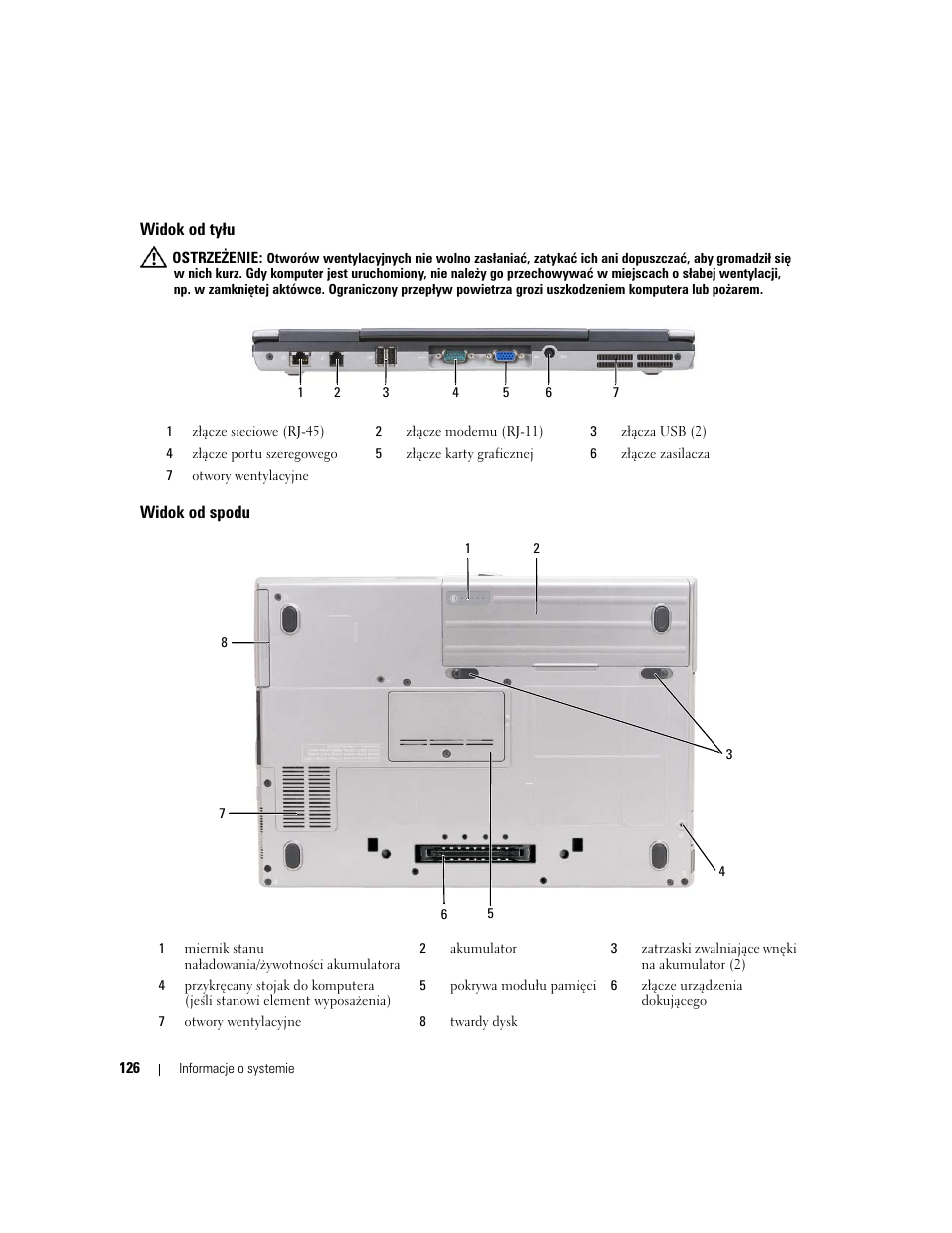 Widok od tyłu, Widok od spodu | Dell Latitude D631 User Manual | Page 126 / 182