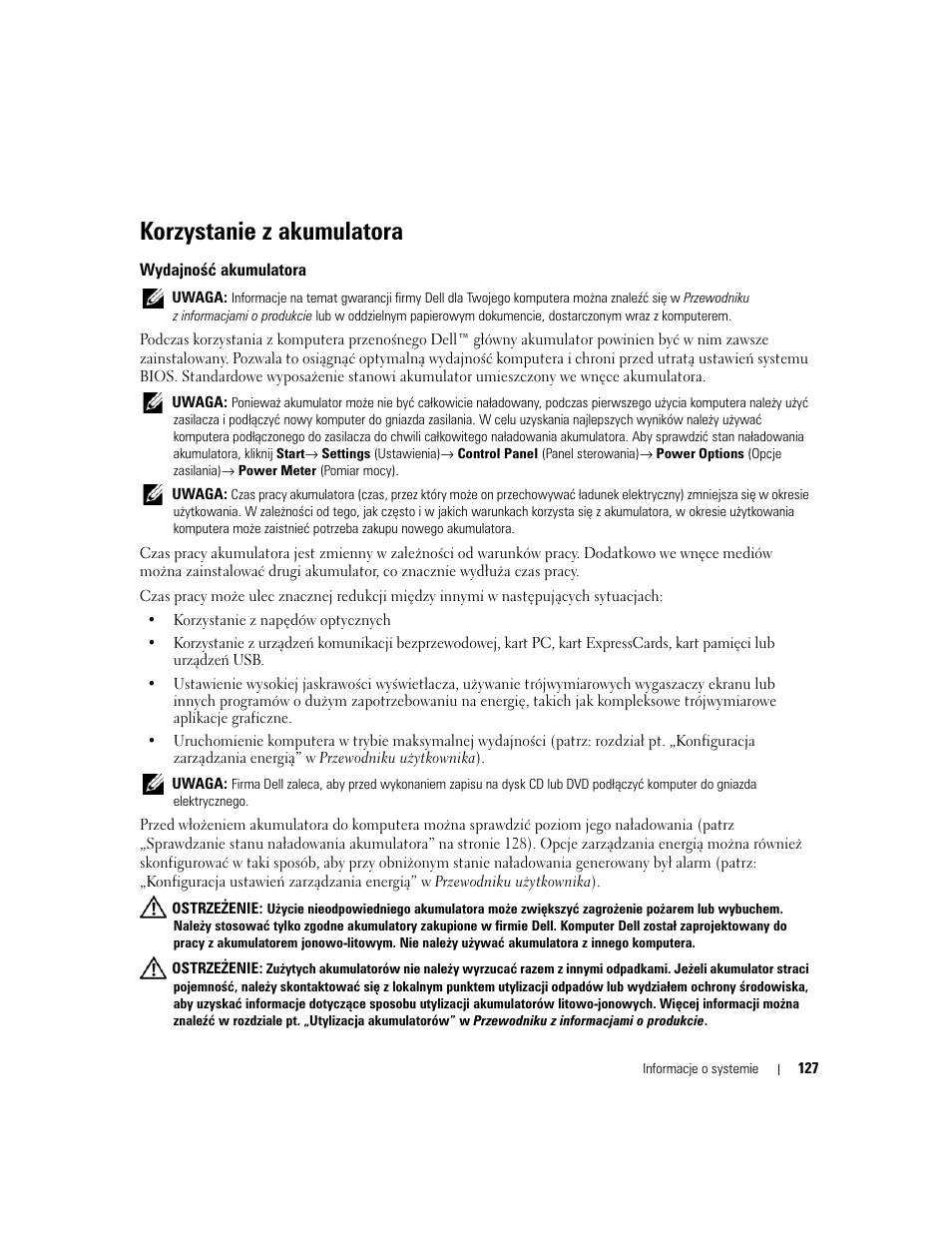 Korzystanie z akumulatora, Wydajność akumulatora | Dell Latitude D631 User Manual | Page 127 / 182