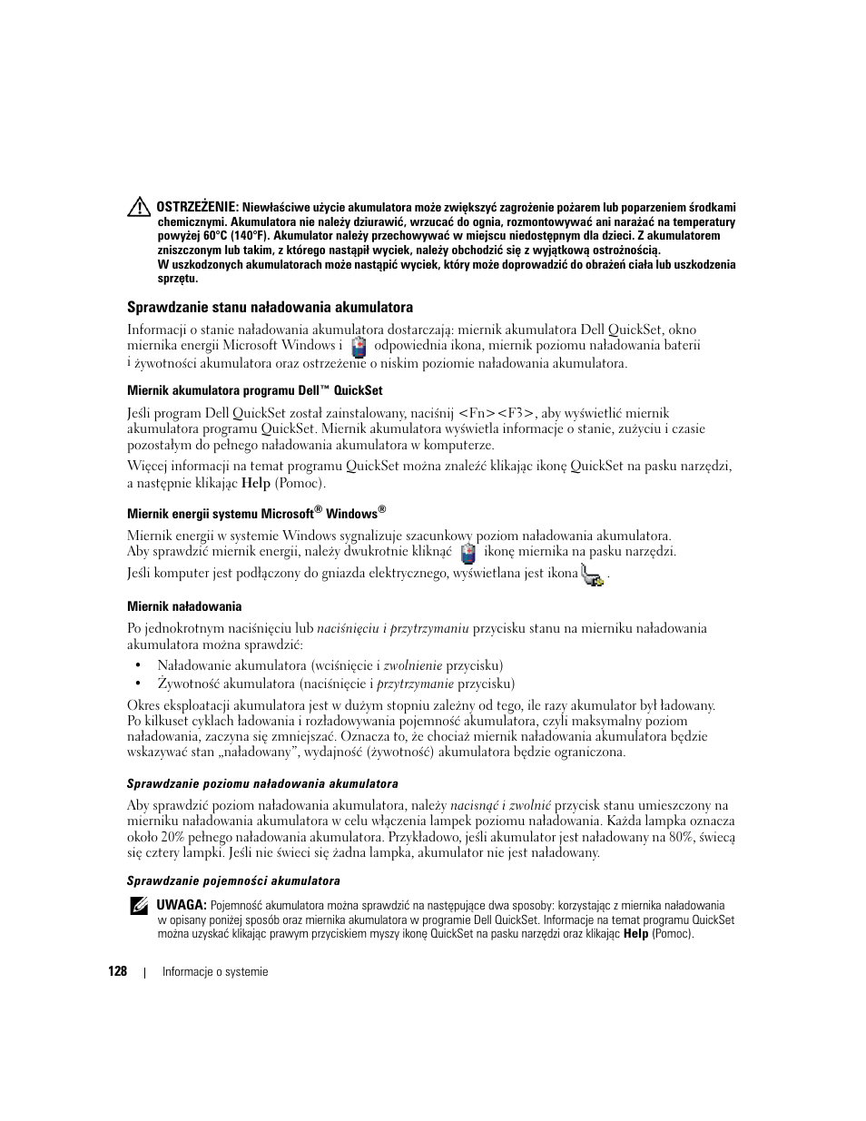 Sprawdzanie stanu naładowania akumulatora | Dell Latitude D631 User Manual | Page 128 / 182