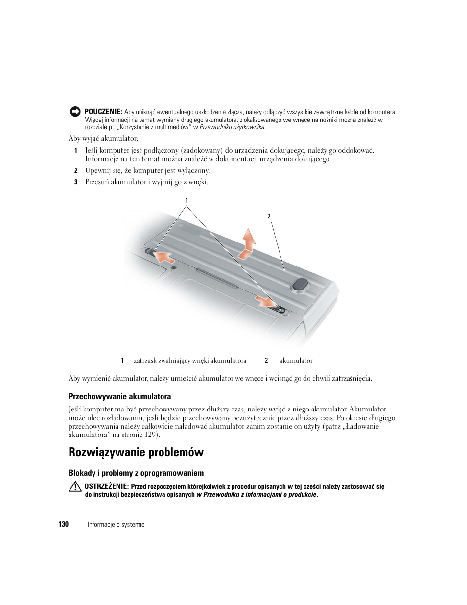 Przechowywanie akumulatora, Rozwiązywanie problemów, Blokady i problemy z oprogramowaniem | Dell Latitude D631 User Manual | Page 130 / 182