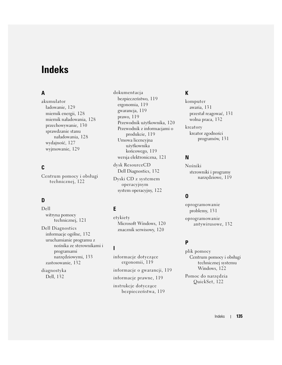 Indeks | Dell Latitude D631 User Manual | Page 135 / 182