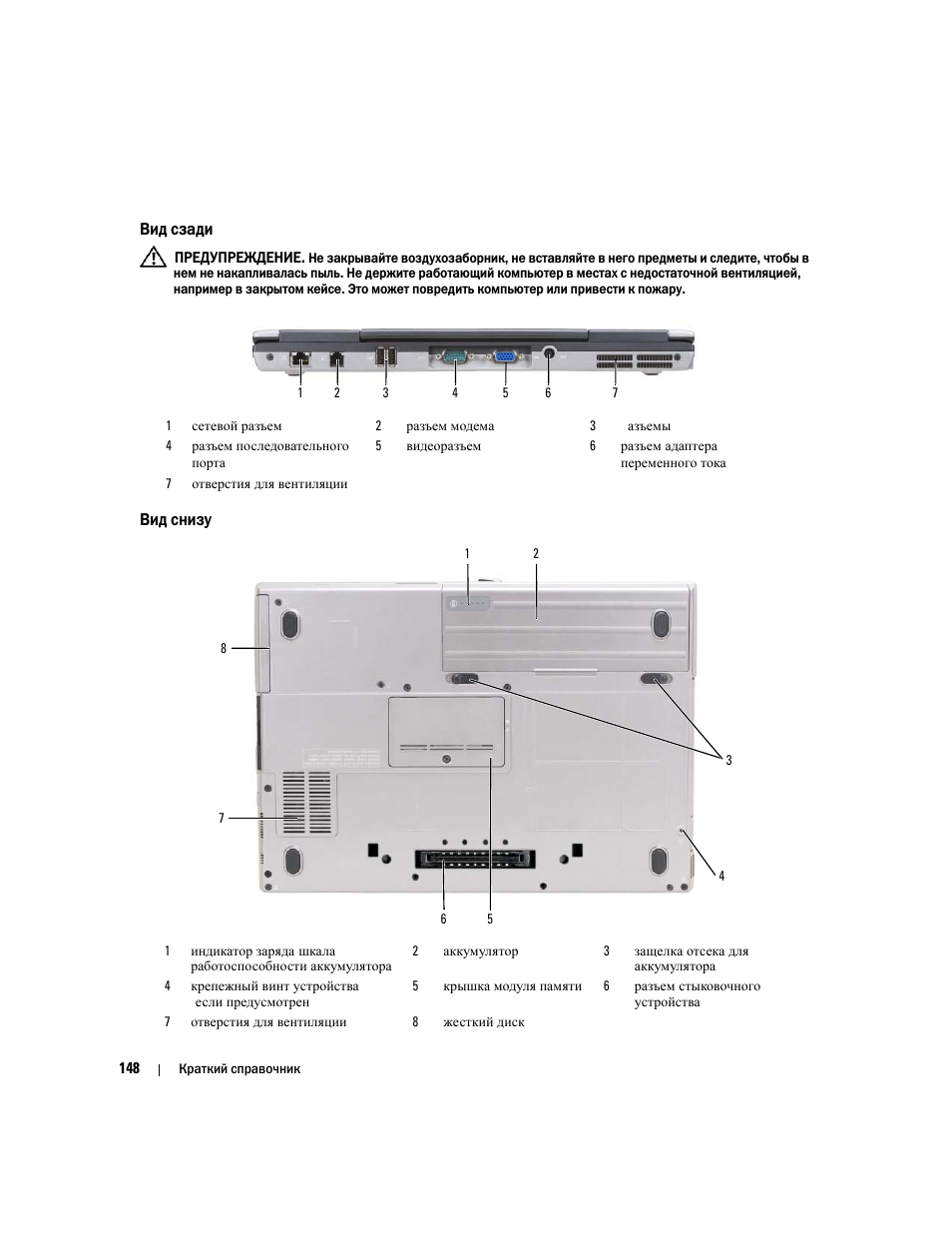 Вид сзади, Вид снизу | Dell Latitude D631 User Manual | Page 148 / 182