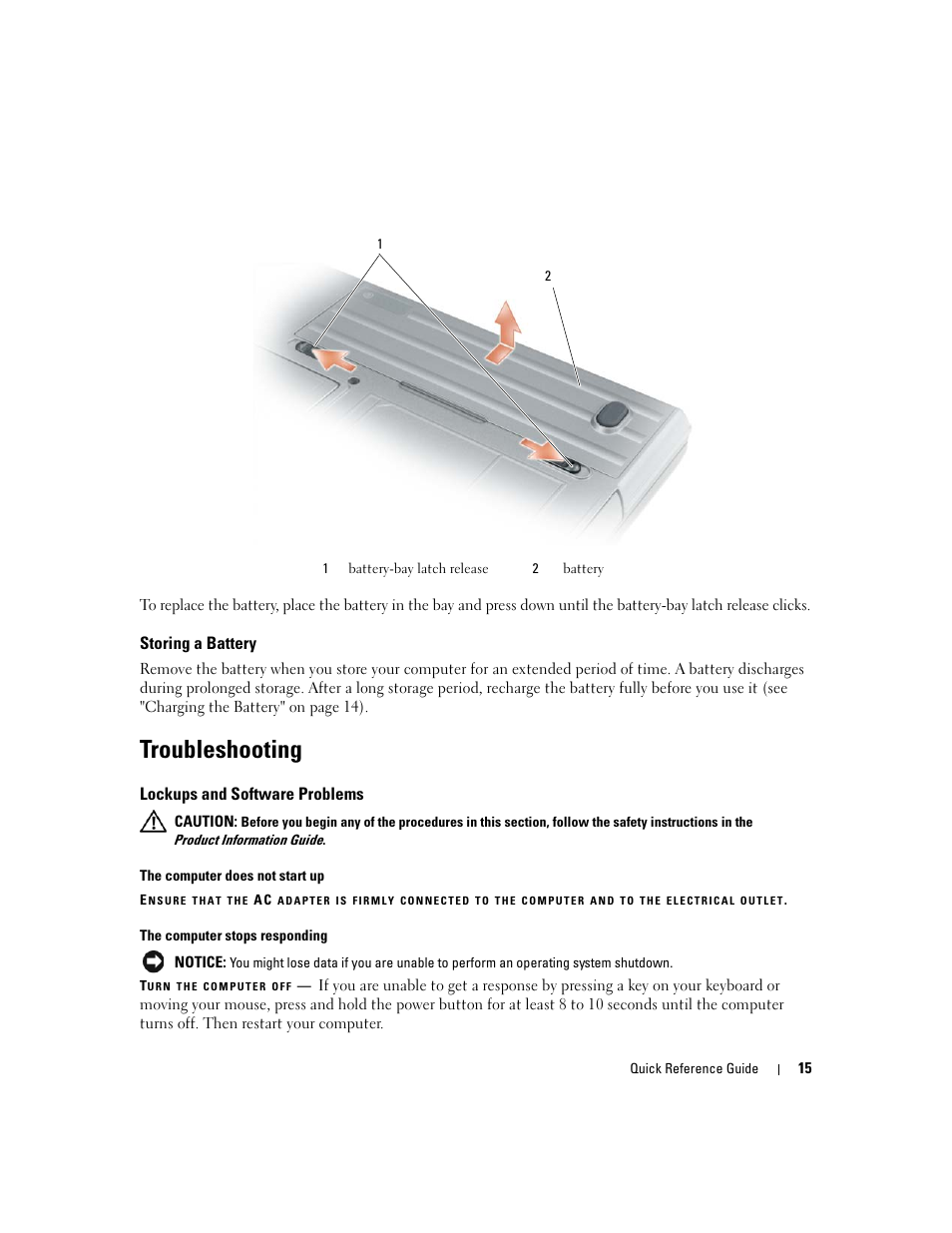 Storing a battery, Troubleshooting, Lockups and software problems | Dell Latitude D631 User Manual | Page 15 / 182