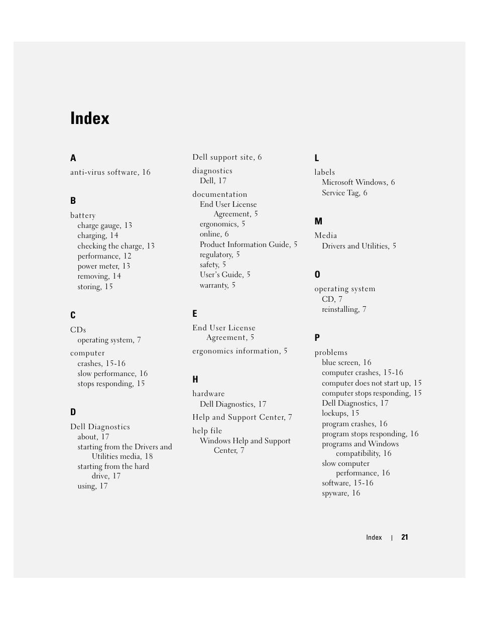 Index | Dell Latitude D631 User Manual | Page 21 / 182