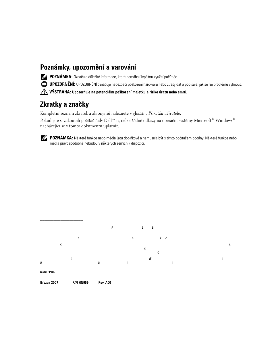 Poznámky, upozornění a varování, Zkratky a značky | Dell Latitude D631 User Manual | Page 46 / 182