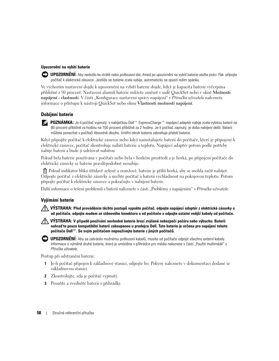 Dobíjení baterie, Vyjímání baterie | Dell Latitude D631 User Manual | Page 58 / 182