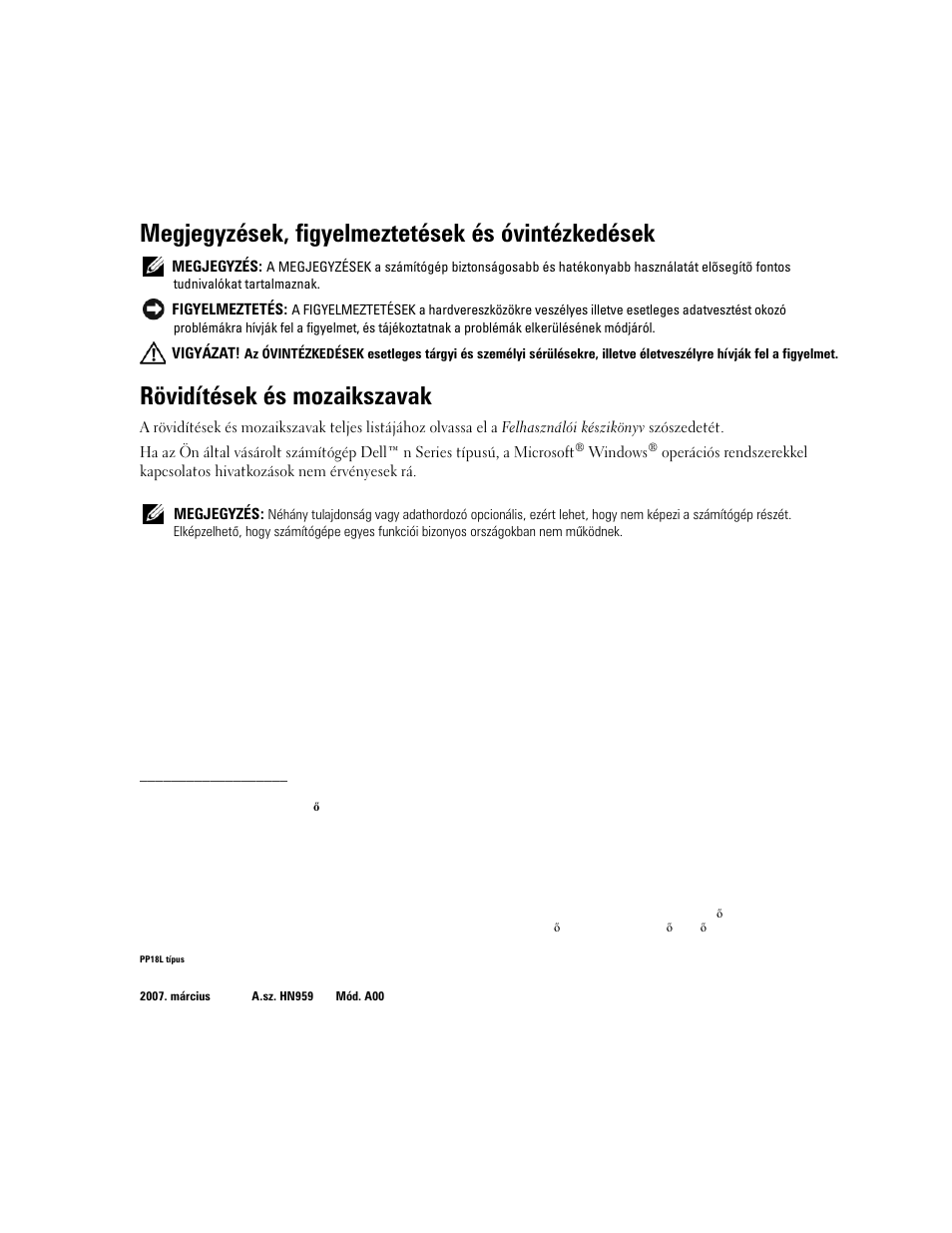 Megjegyzések, figyelmeztetések és óvintézkedések, Rövidítések és mozaikszavak | Dell Latitude D631 User Manual | Page 92 / 182